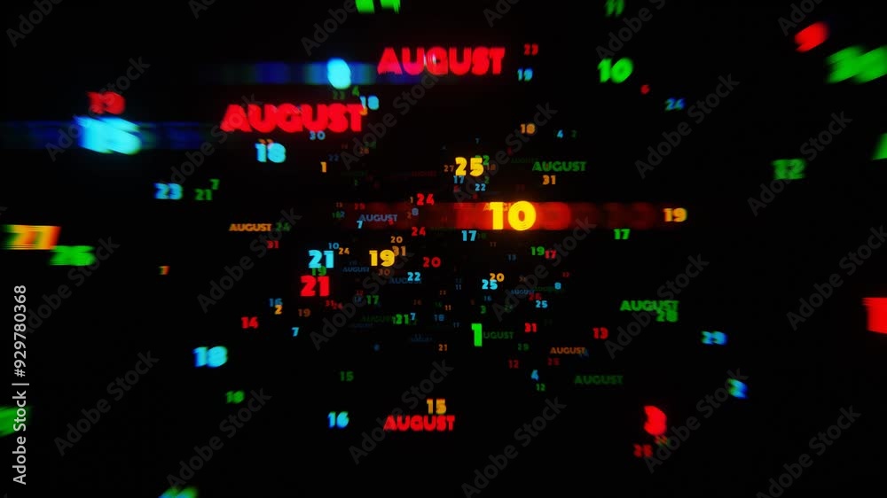 Aufkleber Abstract digital art with glowing text representing the month of August in dynamic neon colors on a dark background