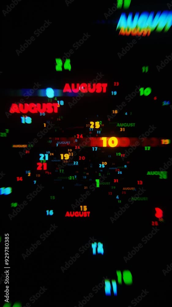 Aufkleber Abstract digital art with glowing text representing the month of August in dynamic neon colors on a dark background