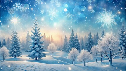 Serene winter wonderland scene with gentle snowfall, delicate snowflakes, and soft blue tones, creating a peaceful and calming atmospheric wide background.