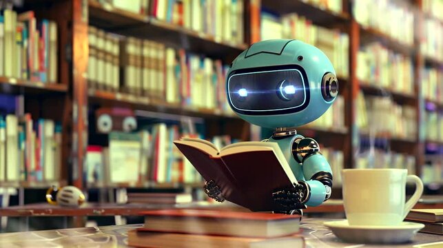 Cute Robot Reading a Book in a Cozy Library. Seamless looping time-lapse 4k video animation background