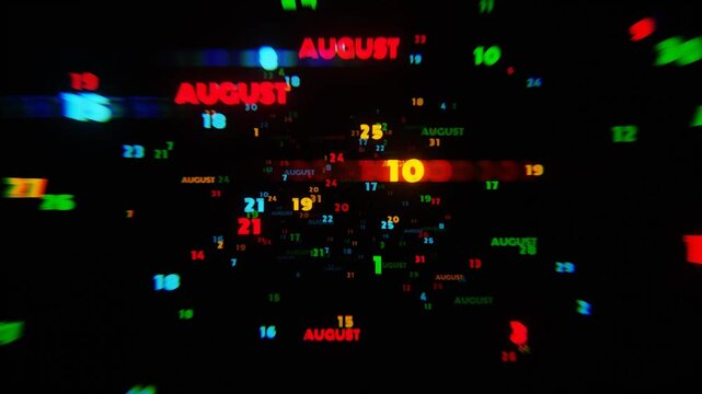 Abstract digital art with glowing text representing the month of August in dynamic neon colors on a dark background