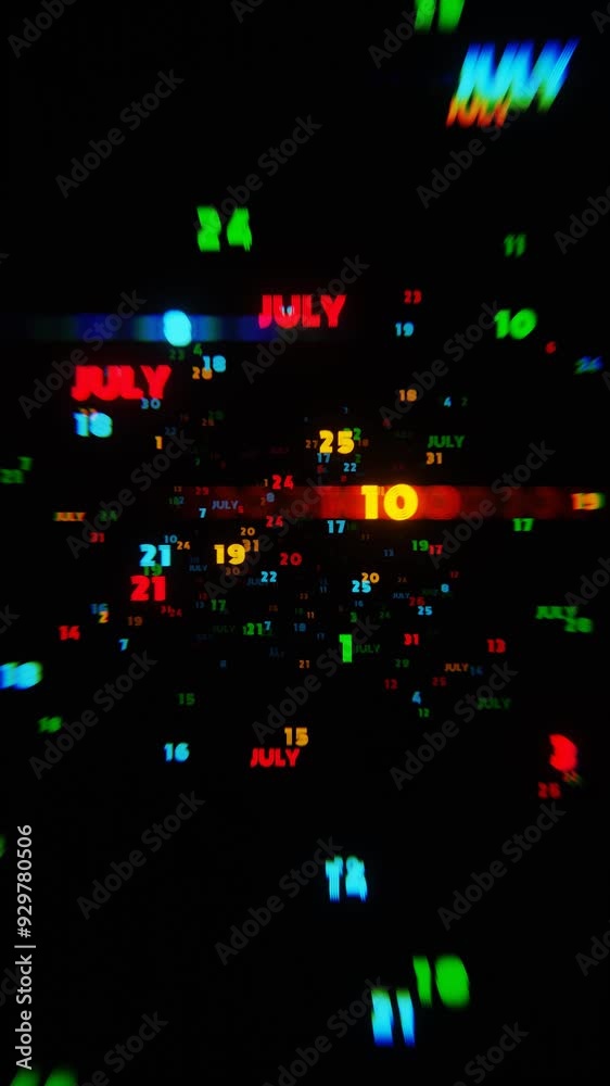 Poster Abstract digital art with glowing text representing the month of July in bright neon colors on a dark background