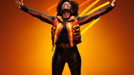 Obraz premium Fit woman with raised hands, full body shot of beautiful female with ideal figure, copy space