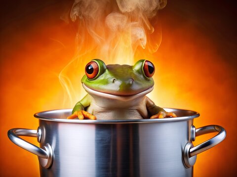 Unaware smiling frog sits in a large metallic pot surrounded by boiling water, cooking on an electric stove against a vibrant orange background.