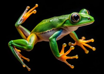 Obraz premium Vibrant green tree frog in mid-air jump, its legs fully extended, against a stark black background, showcasing its remarkable agility and natural beauty.