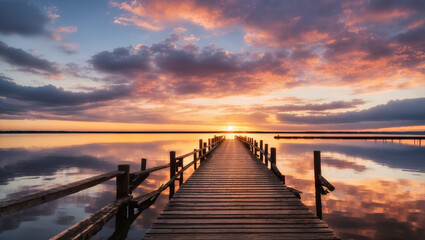 Obraz premium This is a picture of a lake with a wooden dock, with a sunset in the background. The sky is colorful with orange and purple colors.