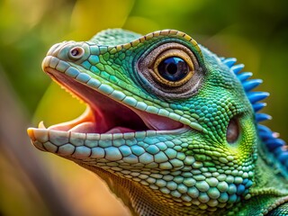 Vibrant green and blue lizard's snout fills the frame, its jaws agape, showcasing razor-sharp teeth and a tiny tongue, set against a blurred natural backdrop.