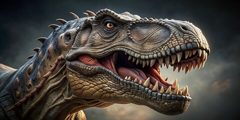 A majestic Tyrannosaurus Rex's ancient face fills the frame, its scaly skin and sharp teeth rendered in exquisite detail against a dark, muted background.