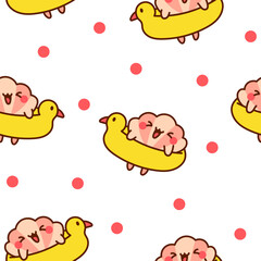 Cute seashell with smiling face. Seamless pattern. Kawaii cartoon character. Hand drawn style. Vector drawing. Design ornaments.