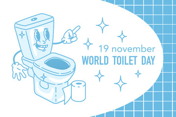 Poster for World Toilet Day. Celebrated on November 19. Sanitary supplies and hygiene products. Natural needs of the body. Vector illustration in cartoon groovy style.