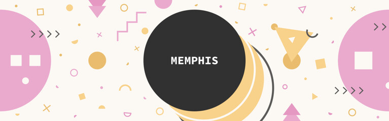 Memphis banner with various geometric shapes.