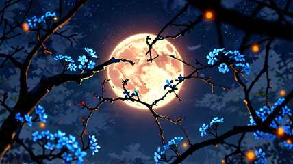 Moonlit Floral Silhouette, nature background wallpaper, anime illustration drawing