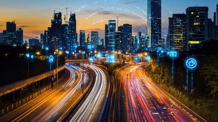 Fototapeta premium Smart City at Night: Connected Network with Traffic