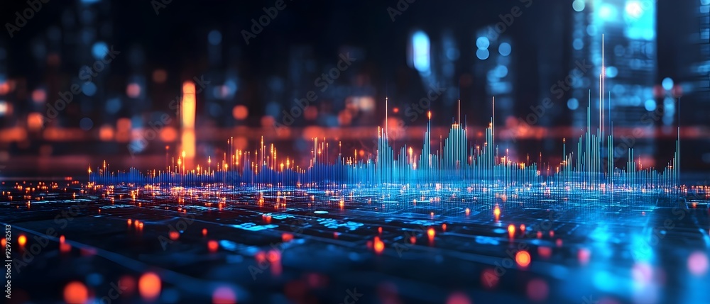 Poster regression analysis techniques in predictive data visualization with futuristic urban cityscape back