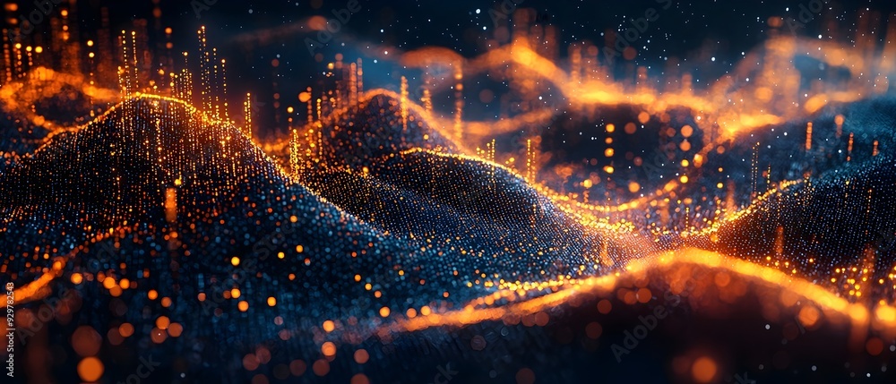 Poster digital showcasing the regression modeling and predictive analytics techniques used to forecast future outcomes and inform decision making  The abstract futuristic design features glowing lines waves