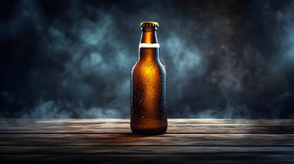 A chilled beer bottle with condensation on a wooden surface.