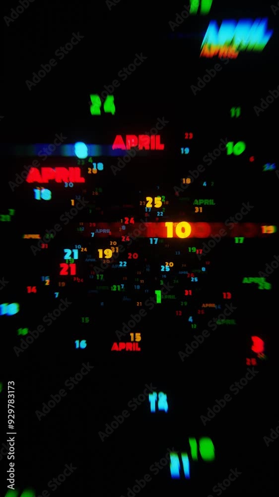 Poster april calendar dates in vibrant neon colors on dark background