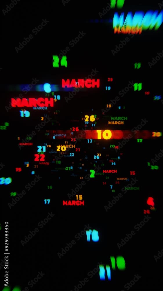 Aufkleber march calendar dates in motion with neon colors on dark background