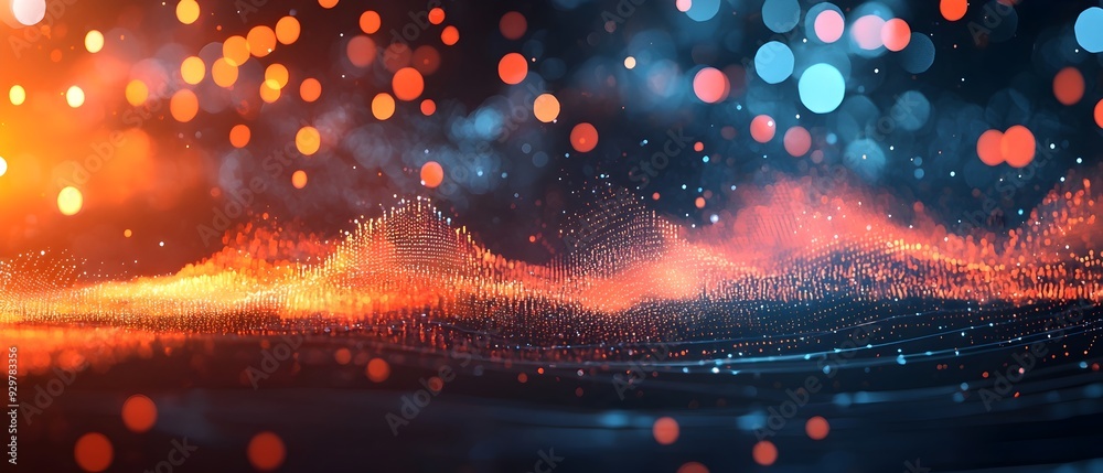 Poster Abstract visualization of regression modeling and predictive analytics techniques represented in a dynamic glowing futuristic cityscape