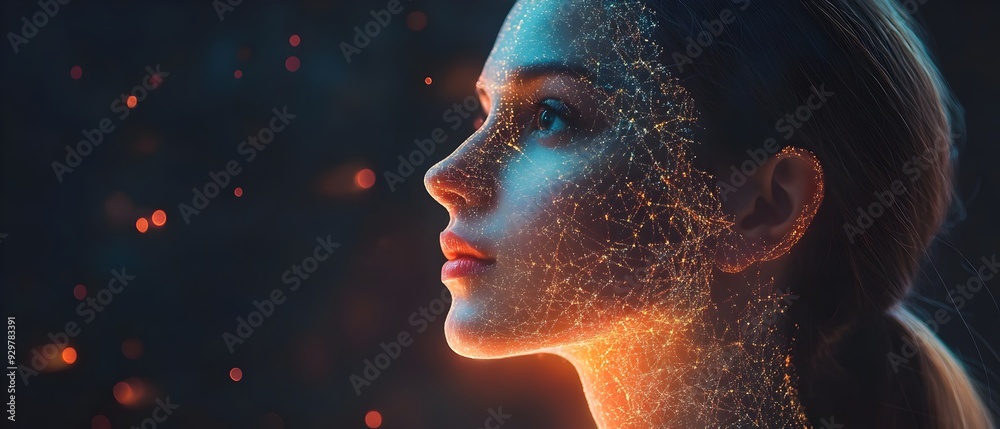 Poster Futuristic AI Powered Decision Making Visualization with Glowing Particle Effects  digital artwork depicting machine learning and data driven analytics enhancing the decision making process