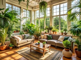 Fototapeta premium Cozy living room features lush green houseplants scattered around comfortable sofas and airy windows, creating a peaceful and inviting atmosphere with natural lighting.
