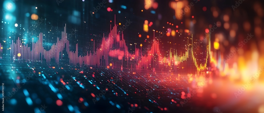 Poster Trend Analysis and Predictive Analytics Visualization in Neon Futuristic Landscape   digital showcasing the use of data algorithms