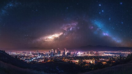 Nighttime view of a city skyline with the Milky Way galaxy in the sky
