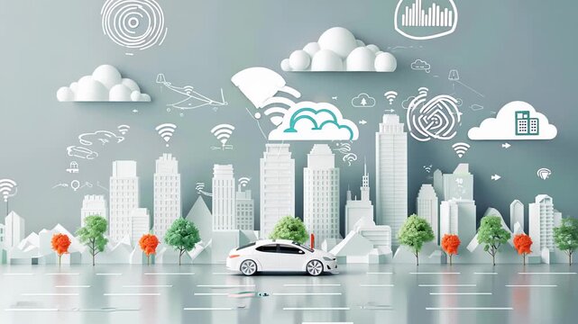 cityscape with a car driving down a street. Social network town. The city is full of tall buildings and has a cloudy sky. Scene is urban and somewhat gloomy, modern, connect, smart city