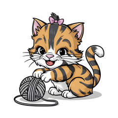 Fototapeta premium Adorable Cat wearing a tiny bow, playing with a ball of yarn simple thick black line art for children cartoon coloring book pages. Clean drawing on white background