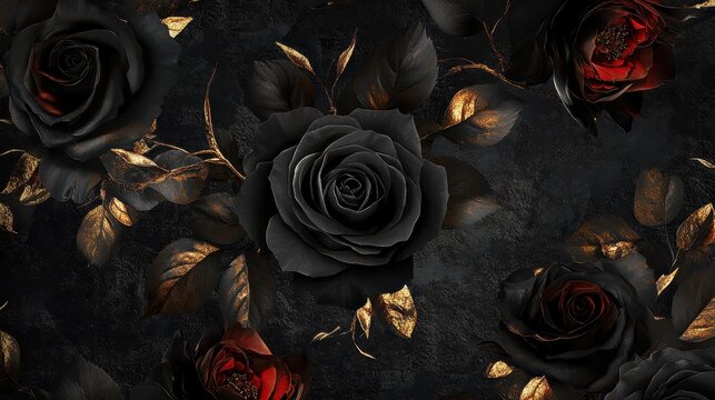 A dark floral pattern featuring black and red roses with golden leaves on a textured background.