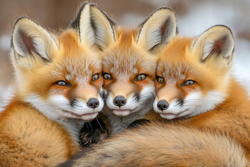 Fototapeta premium A joyful portrait of three happy red fox kits, showcasing their fluffy fur and playful, curious expressions.