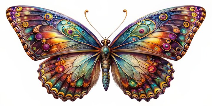 Delicate wings spread wide, a majestic butterfly soars through the air, its intricate colorful patterns and details vividly visible against a transparent background.
