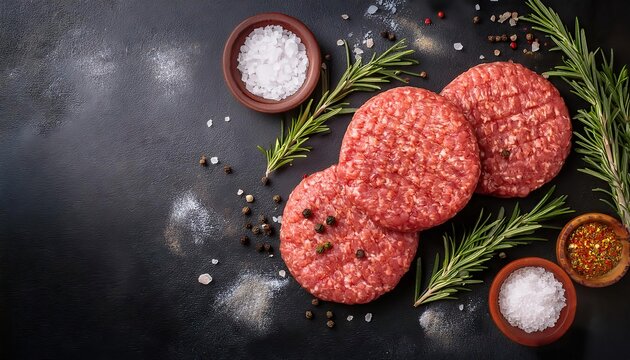 Top down view of raw burger patties seasoned with salt pepper oil herbs and spices on a dark surface