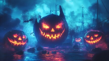 Fototapeta premium Phantom anchor surrounded by Halloween party masks, glowing spectral lights, and haunted vibes, dark fantasy illustration, isolated on white background