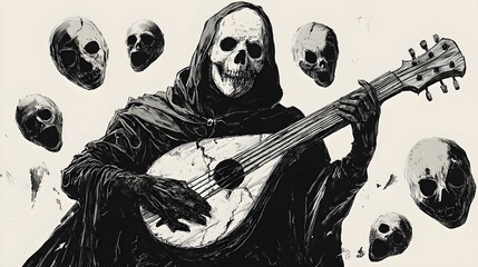 Phantom minstrel holding a cracked lute, Halloween party masks floating around, eerie monochrome sketch, isolated on white background