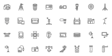 Photography equipment line icons set