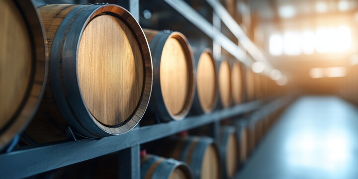 Whiskey, bourbon, scotch, wine barrels in an aging facility.
