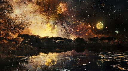 A Nighttime Lake Under a Starry Sky Reflected in Water