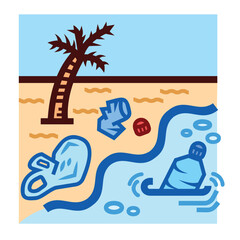 Trashes on beach colorful icon illustration isolated on square white background. Simple flat outlined cartoon art styled drawing.