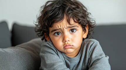 A sad child with curly hair sitting on a couch, expressing emotions of disappointment and concern in a cozy environment.