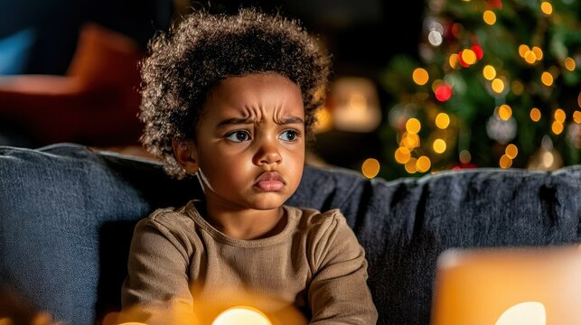 A young child with curly hair sits on a couch, looking concerned while staring at a laptop, surrounded by festive lights.