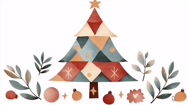 Cozy Christmas Tree Illustration: A hand-painted, whimsical Christmas tree illustration with a patchwork design, adorned with ornaments and foliage. Perfect for creating festive cards, invitations