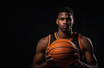 Focused basketball player holding ball in front of him against black background