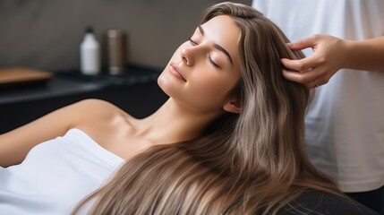 Fototapeta premium Scalp mesotherapy beautician gives injections for healthy hair growth in spa treatment