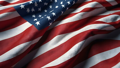 American flag waving is shown in a close up. The flag is waving in the wind, and the stars are visible on the top. symbol of 4th of july independence day democracy and patriotism.