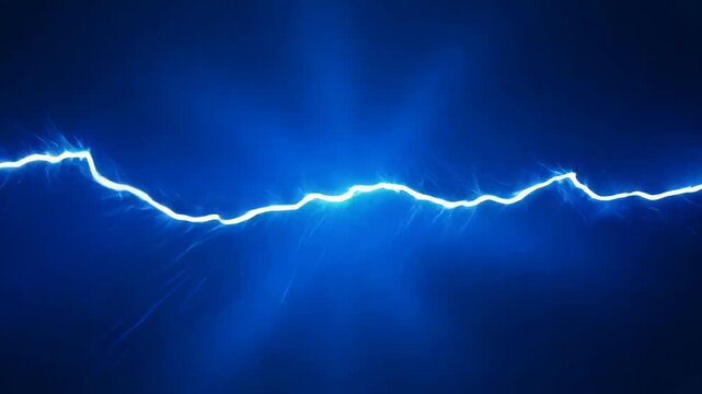 Lightning bolt branches across deep blue backdrop. Vivid blue light intensifies at center, creating dramatic contrast against dark background. Electrical discharge spans full width of image.	