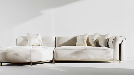 A white couch with a white ottoman and white pillows