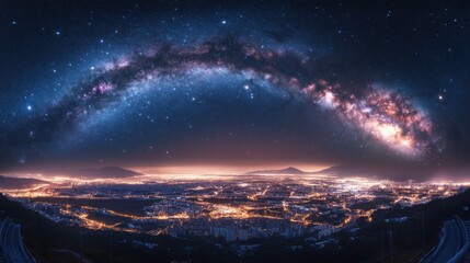 Nighttime View of Cityscape Underneath the Milky Way Galaxy