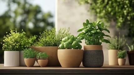 Fototapeta premium Urban Oasis: A collection of potted herbs, flourishing in a sun-drenched setting, creates a tranquil and inviting atmosphere, perfect for a modern home or office. 