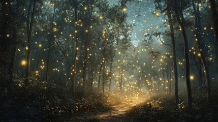 Fototapeta premium Enchanting Forest Path Illuminated by Firefly Lights and Stars